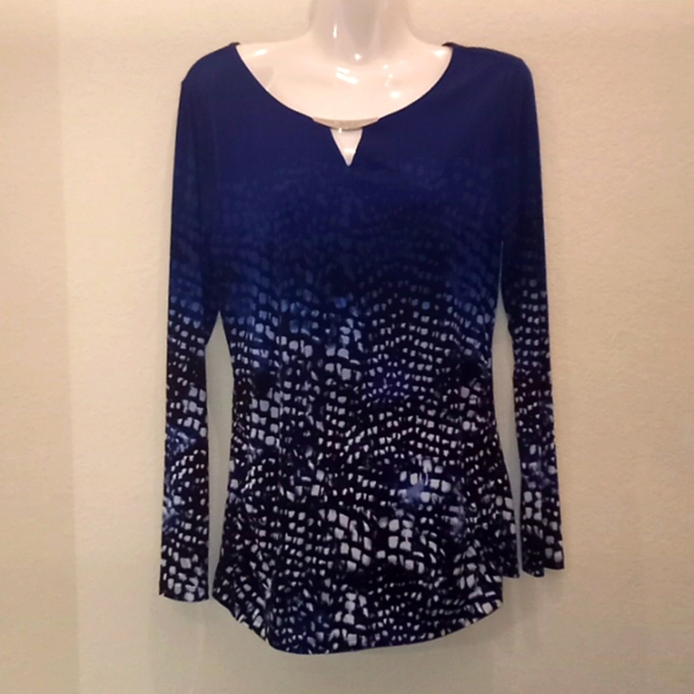 Calvin Klein Printed Keyhole Neck Jersey Blouse - Picture 4 of 13